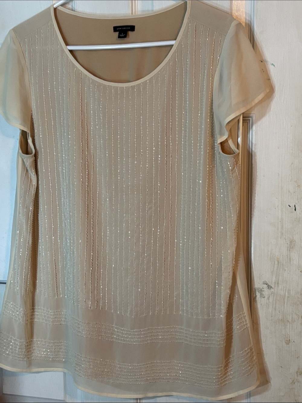 Ann Taylor Beige Short-Sleeve Glitter-Stripe Blouse Size Large